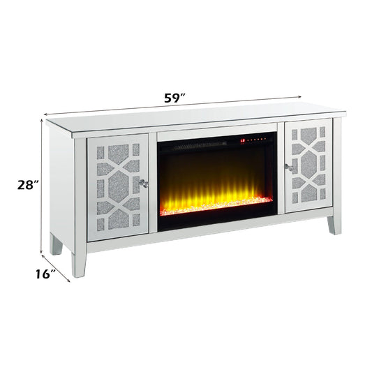 ACME Noralie Mirrored & Faux Diamonds TV Stand with Fireplace Model LV00312
