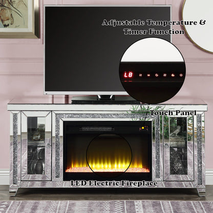 ACME Noralie Mirrored & Faux Diamonds TV Stand with Fireplace & LED Model LV00315