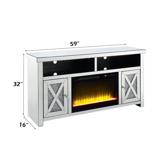 ACME Noralie Mirrored & Faux Diamonds TV Stand with Fireplace Model LV00318