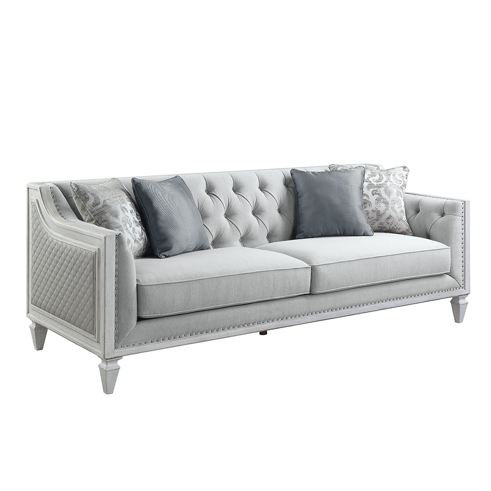 ACME Katia Light Gray Linen & Weathered White Sofa with 4 Pillows Model LV01049