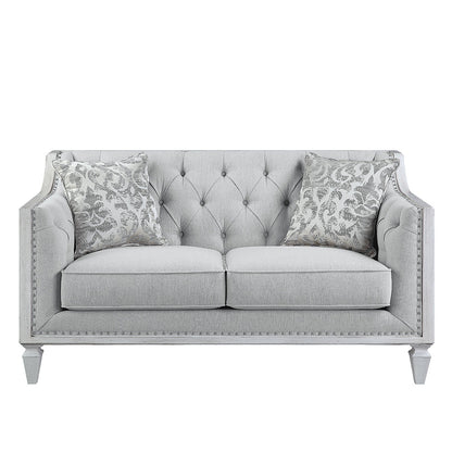 ACME Katia Light Gray Linen & Weathered White Loveseat with 2 Pillows Model LV01050