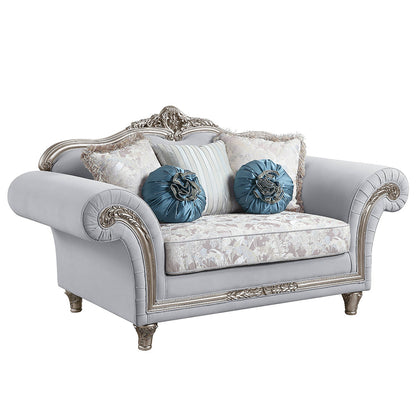 ACME Pelumi Light Gray Linen & Platinum Loveseat with 5 Pillows Model LV01113