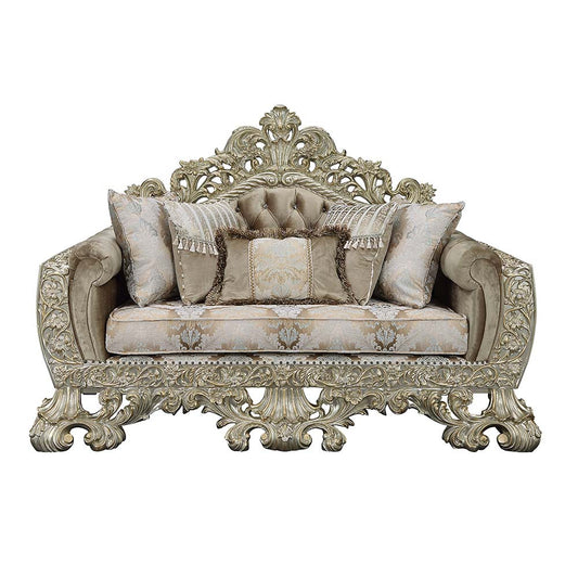 ACME Sorina Velvet Fabric & Antique Gold Loveseat with 5 Pillows Model LV01206