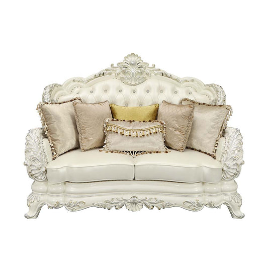ACME Adara Pearl White Synthetic Leather & Antique White Loveseat with 5 Pillows Model LV01225