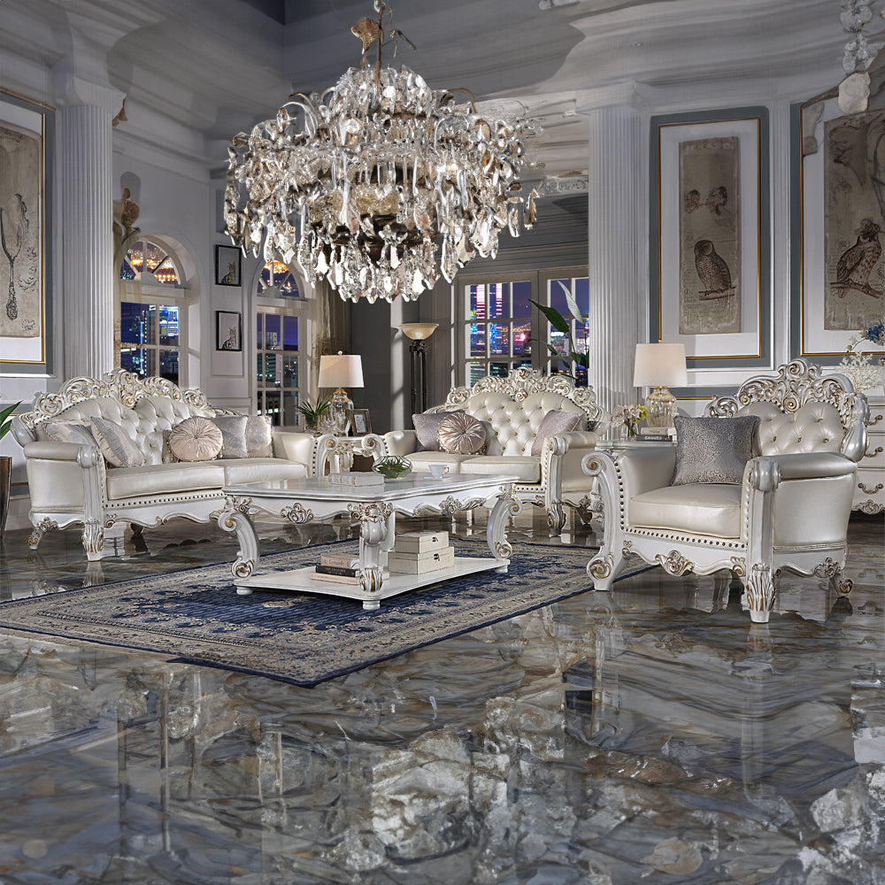 ACME Vendome Champagne Synthetic Leather & Antique Pearl Loveseat with 3 Pillows Model LV01325