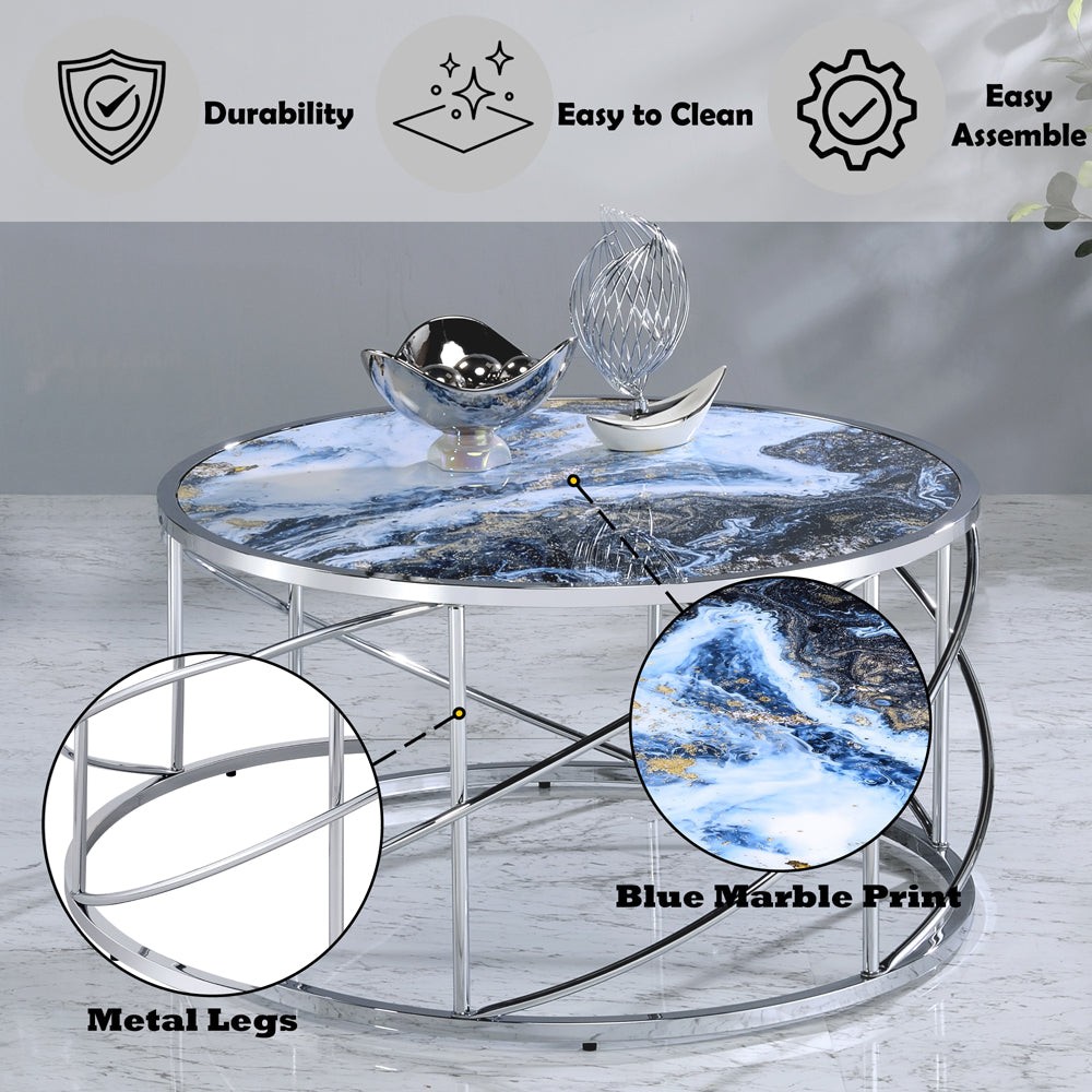 ACME Lyda Blue Marble Print & Chrome Coffee Table Model LV02095