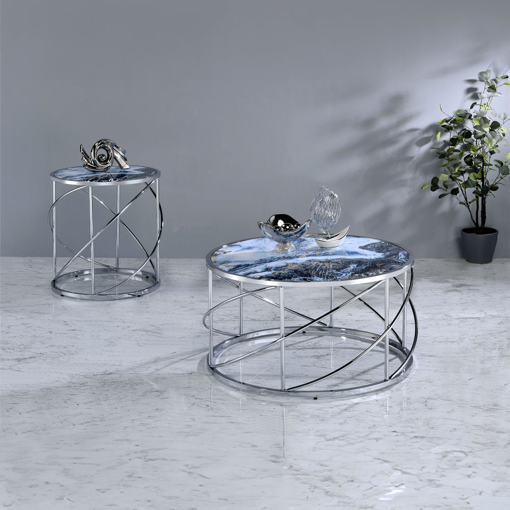 ACME Lyda Blue Marble Print & Chrome Coffee Table Model LV02095