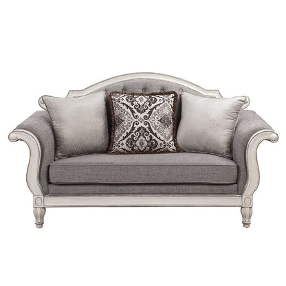 ACME Florian Gray Fabric & Antique White Loveseat with 3 Pillows Model LV02120