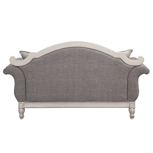 ACME Florian Gray Fabric & Antique White Loveseat with 3 Pillows Model LV02120