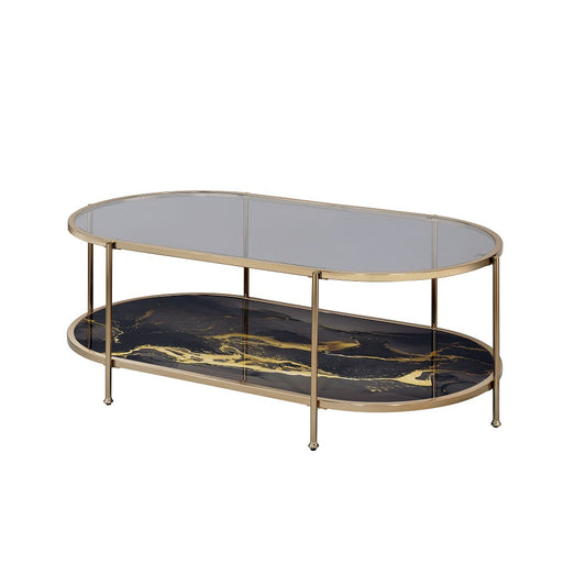 ACME Fiorella Glass Black Marble Paint & Gold Coffee Table Model LV02222