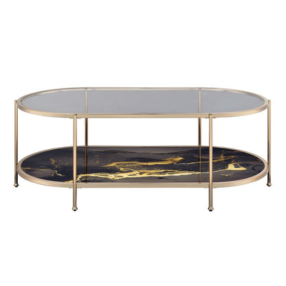 ACME Fiorella Glass Black Marble Paint & Gold Coffee Table Model LV02222