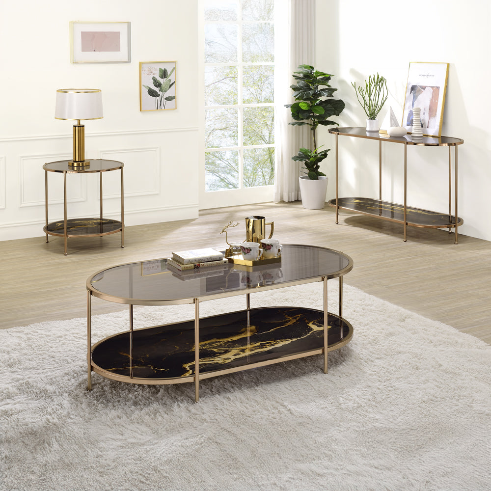 ACME Fiorella Glass Black Marble Paint & Gold Coffee Table Model LV02222
