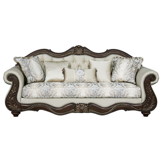 ACME Pierce Beige Fabric & Cherry Sofa with 5 Pillows Model LV03830