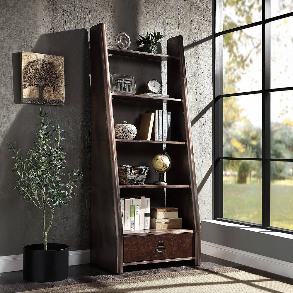ACME Brancaster Bronze  Aluminum  & Morrocco Top Grain Leather Bookcase Model OF02405