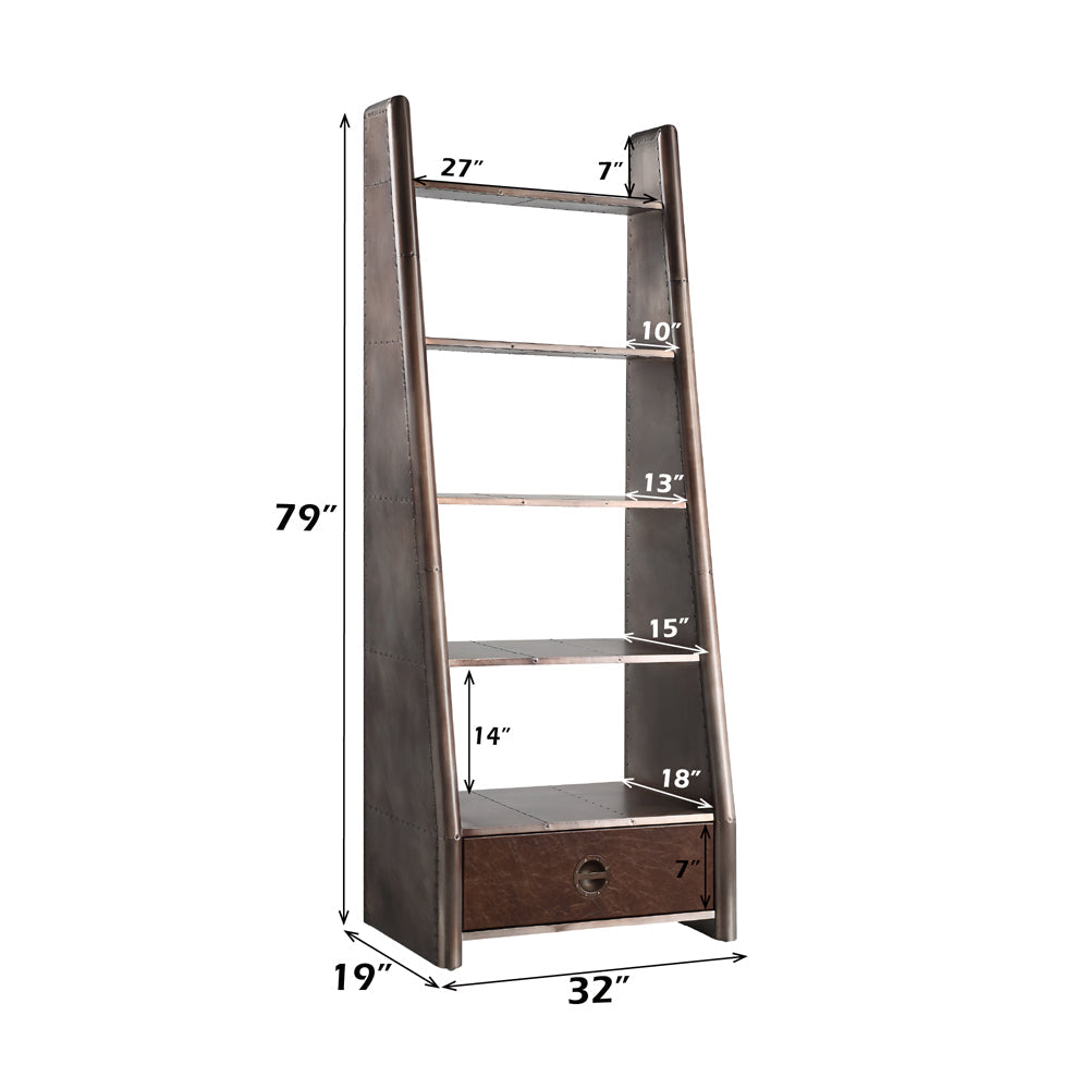 ACME Brancaster Bronze  Aluminum  & Morrocco Top Grain Leather Bookcase Model OF02405